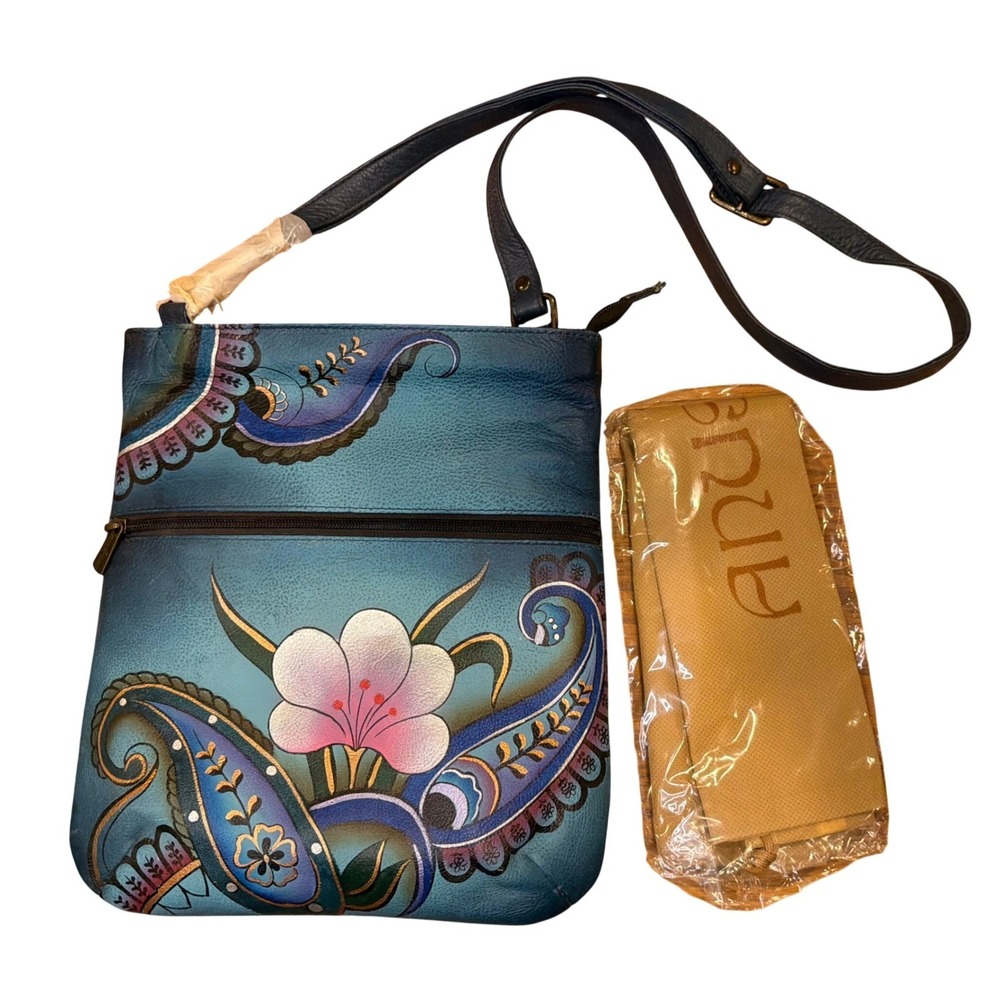 Anuschka Hand Painted Leather Crossbody Bag Blue Teal Floral Paisley Organizer